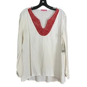 Isaac Mizrahi NY Size Medium New Off White Linen Blend V-Neck Beaded Tunic Top